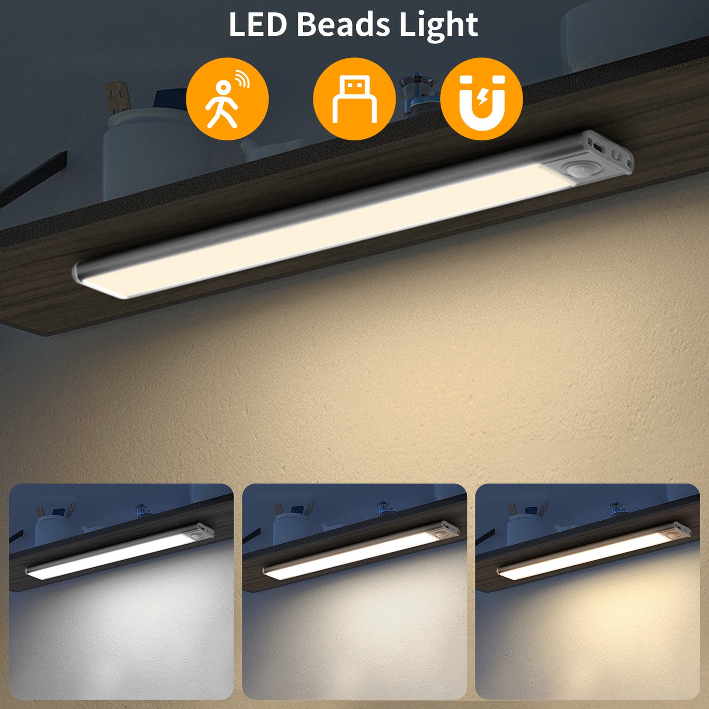 40-60-80cm LED PIR Motion Sensor Strip Light USB Rechargeable Cabinet Closet Lamp