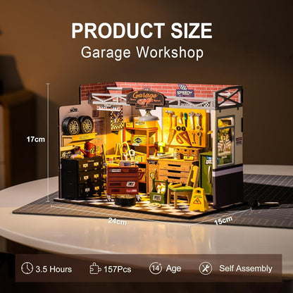 ROBOTIME DIY Miniature House Kit Garage Workshop With Light, Wooden Dollhouse Model Building Kit For Adults And Children, Holiday Birthday Gifts For Boys Girls DG165