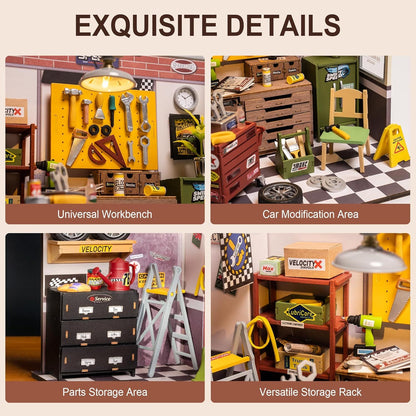 ROBOTIME DIY Miniature House Kit Garage Workshop With Light, Wooden Dollhouse Model Building Kit For Adults And Children, Holiday Birthday Gifts For Boys Girls DG165