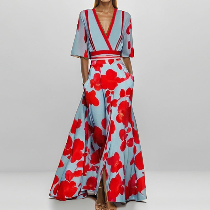 Fashion Print Half-sleeve V-neck Dress Temperament Slim Tight Waist Dresses For Women