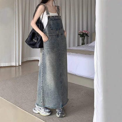 All-matching Retro Anti-aging Sleeveless Strap Dress Women's Spring And Summer Leisure Loose Slimming And Straight Denim Long Skirts
