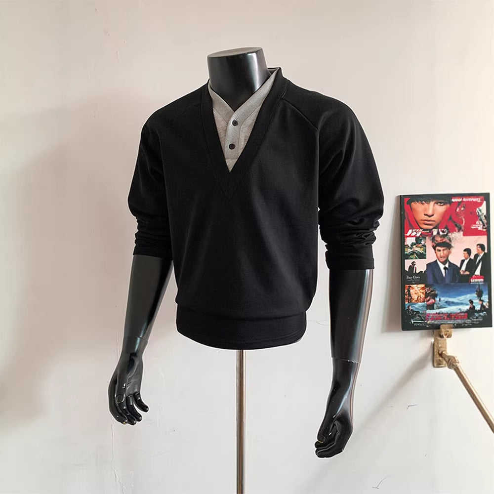 Regular-Shoulder Short Long-Sleeve Sweater With Double V-Neck