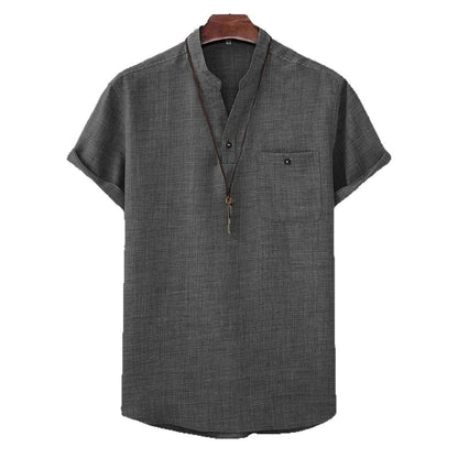 Mens Casual Short-sleeve Solid-color Shirt With A Turn-down Collar