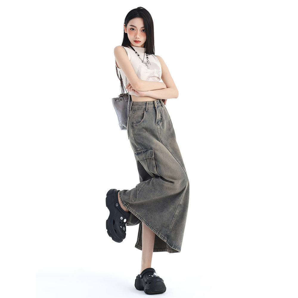 Fashion Cement Gray Denim Skirt For Women