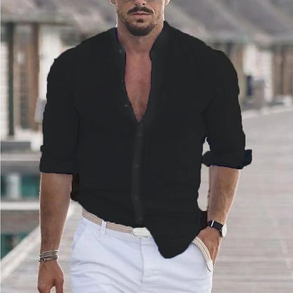 Men's Long Sleeve Shirt With Button Casual Solid Color Tops For Spring Autumn