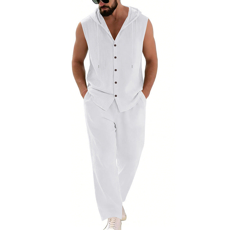 Loose-fitting Casual Hooded Sleeveless Shirt And Pants Set