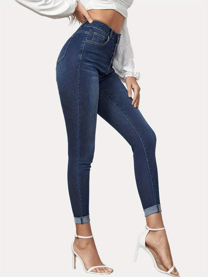 Contrast Color Slim Fit Stretch Rolled Hem Cropped Jeans