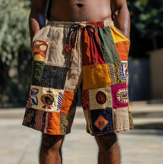 Men's African Ethnic Patchwork Casual Linen Shorts
