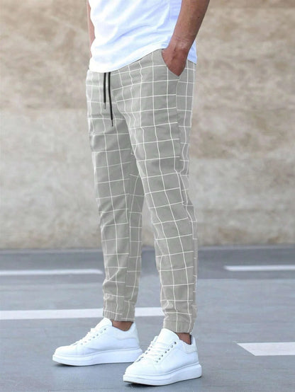 Fashion Plaid Print Pants Casual Drawstring Trousers Men's Clothing