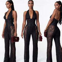 New Temperament Halter Black V-neck One-piece Trousers For Women