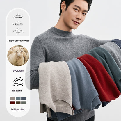 Men's Solid-Colored Wool Pullover Base Layer Sweater