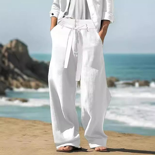 Men's Linen Belt Elastic Waist Straight Pure Color Comfort Breathable Outdoor Pants