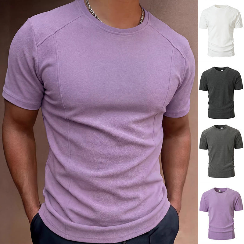 Solid-color Patchwork Sleeve Cuffs Short-sleeve Men's T-shirt Top
