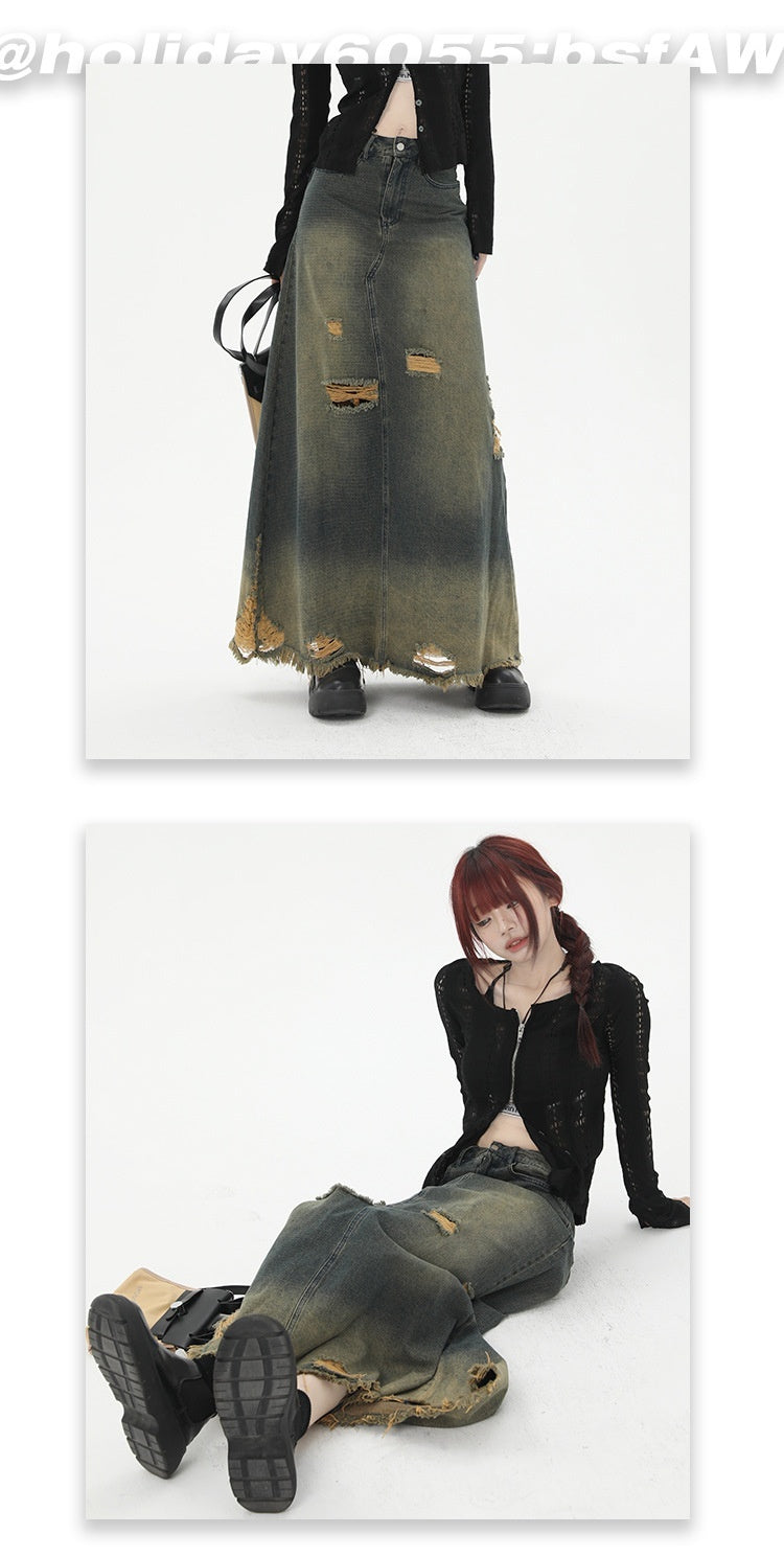High Waist Loose And Slimming Long Skirt Ripped Denim Skirt