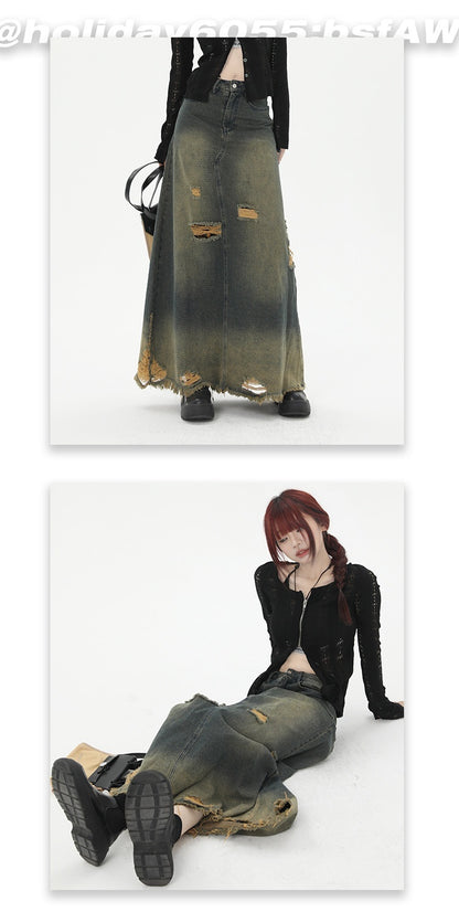 High Waist Loose And Slimming Long Skirt Ripped Denim Skirt