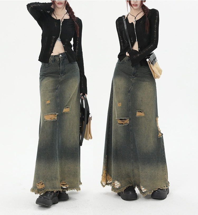 High Waist Loose And Slimming Long Skirt Ripped Denim Skirt