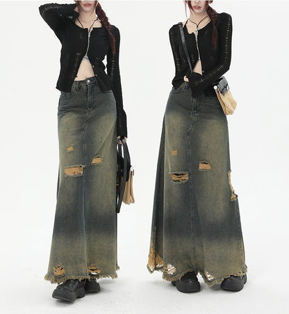 High Waist Loose And Slimming Long Skirt Ripped Denim Skirt