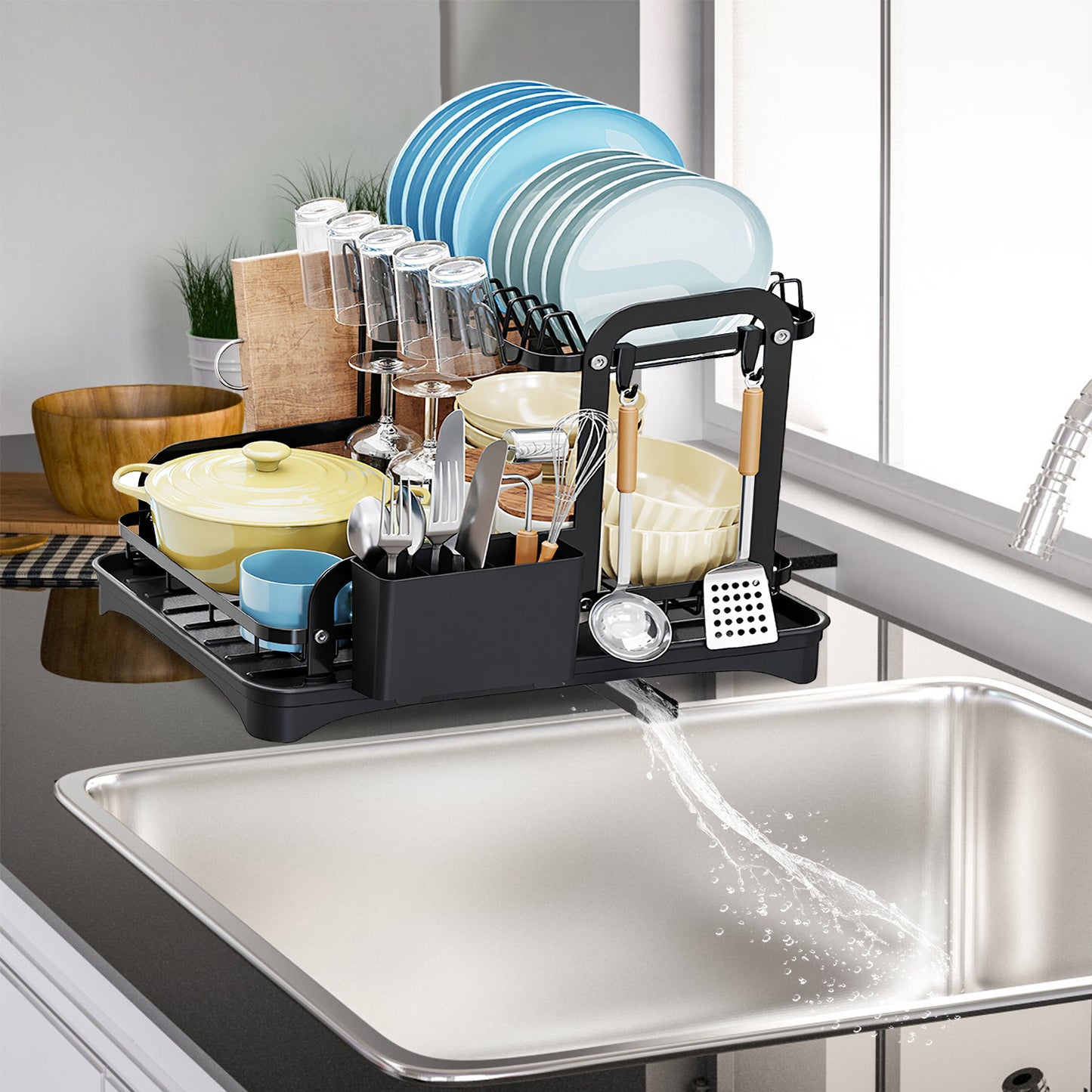 1Pc  2-Tier Dish Drying Rack For Kitchen Counter Space Saving Rustproof Dish Rack With Drainboard Detachable Kitchen Drainer Organizer Set With Utensil Holder Bowl Rack Dish Rack Chopping Board Rack