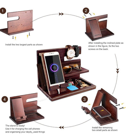 Bedside Organiser Birthday Gifts For Him Wood Phone Docking Station Key Holder