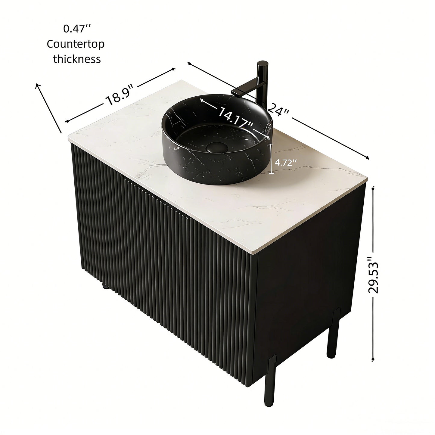 TURIO 24 Bathroom Vanity With Sink, Freestanding Bathroom Storage Cabinet With 2 Doors, Black Round Ceramic Basin With Stone Pattern & Carrara White Sintered Stone Countertop, No Faucet, Black Color