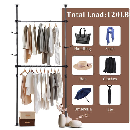 Floor To Ceiling Adjustble Garment Rack, Heavy Duty 2-Tier Clothes Rack