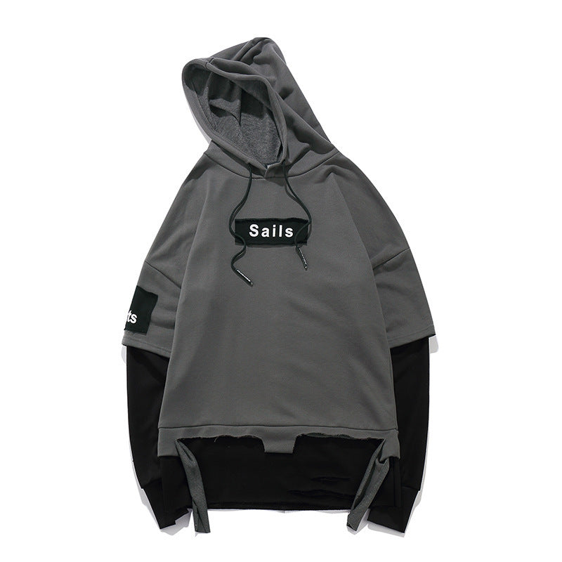 Men's loose fake two long-sleeved hoodies hole cut through hip-hop tide brand men's hurricane print hooded sweater