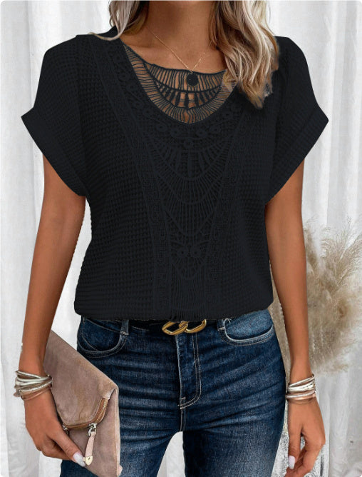 Summer Hollow Out Short-sleeved T-shirt Fashion Ethnic Style Tops Women's Clothing