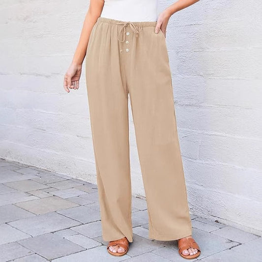 High Waist Button Drawstring Loose Casual Summer Wide-leg Pants With Pockets