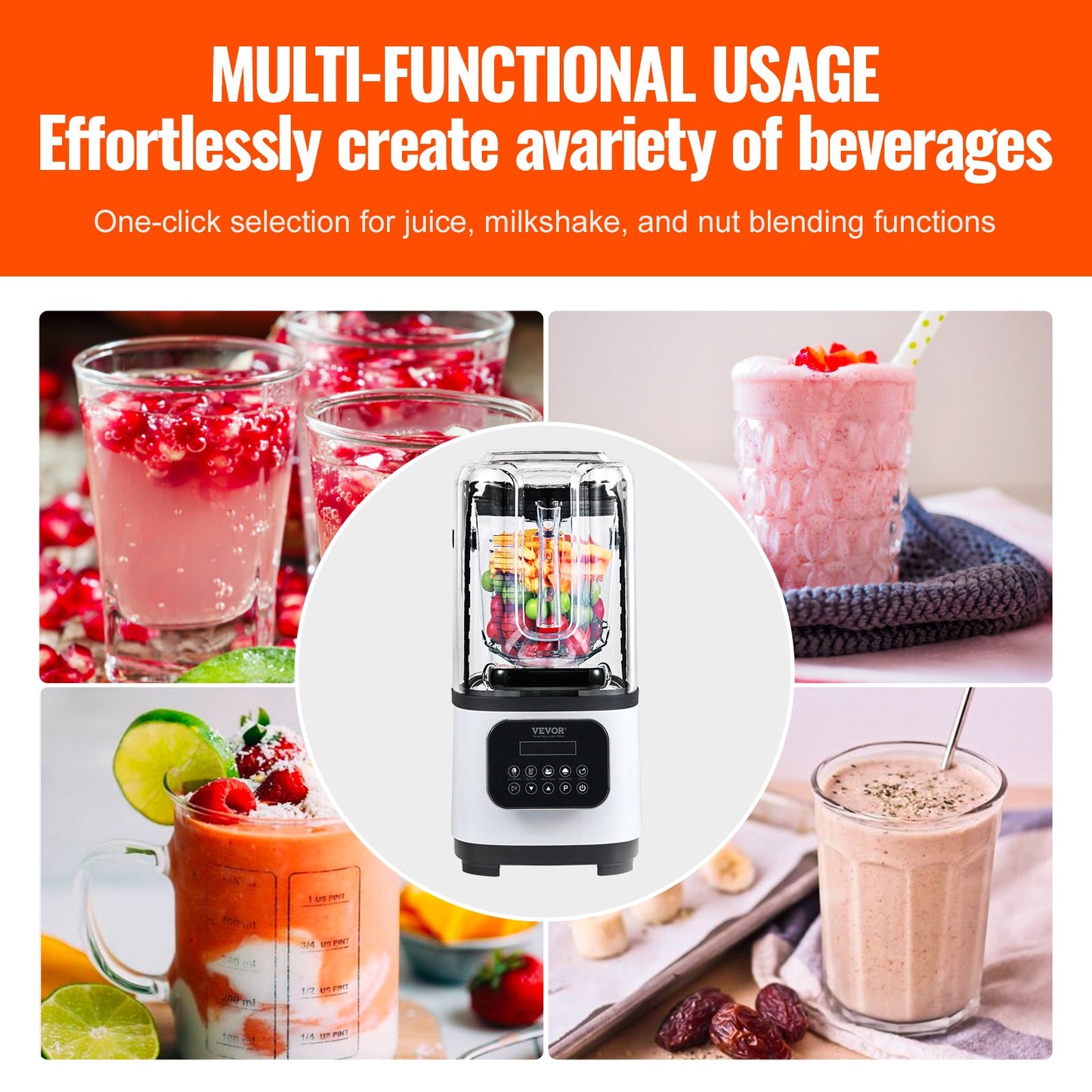 Professional Blender With Shield, Commercial Countertop Blenders, 68 Oz Jar Blender Combo, Stainless Steel 9 Speed & 5 Functions Blender, For Shakes, Smoothies, Peree, And Crush Ice, White