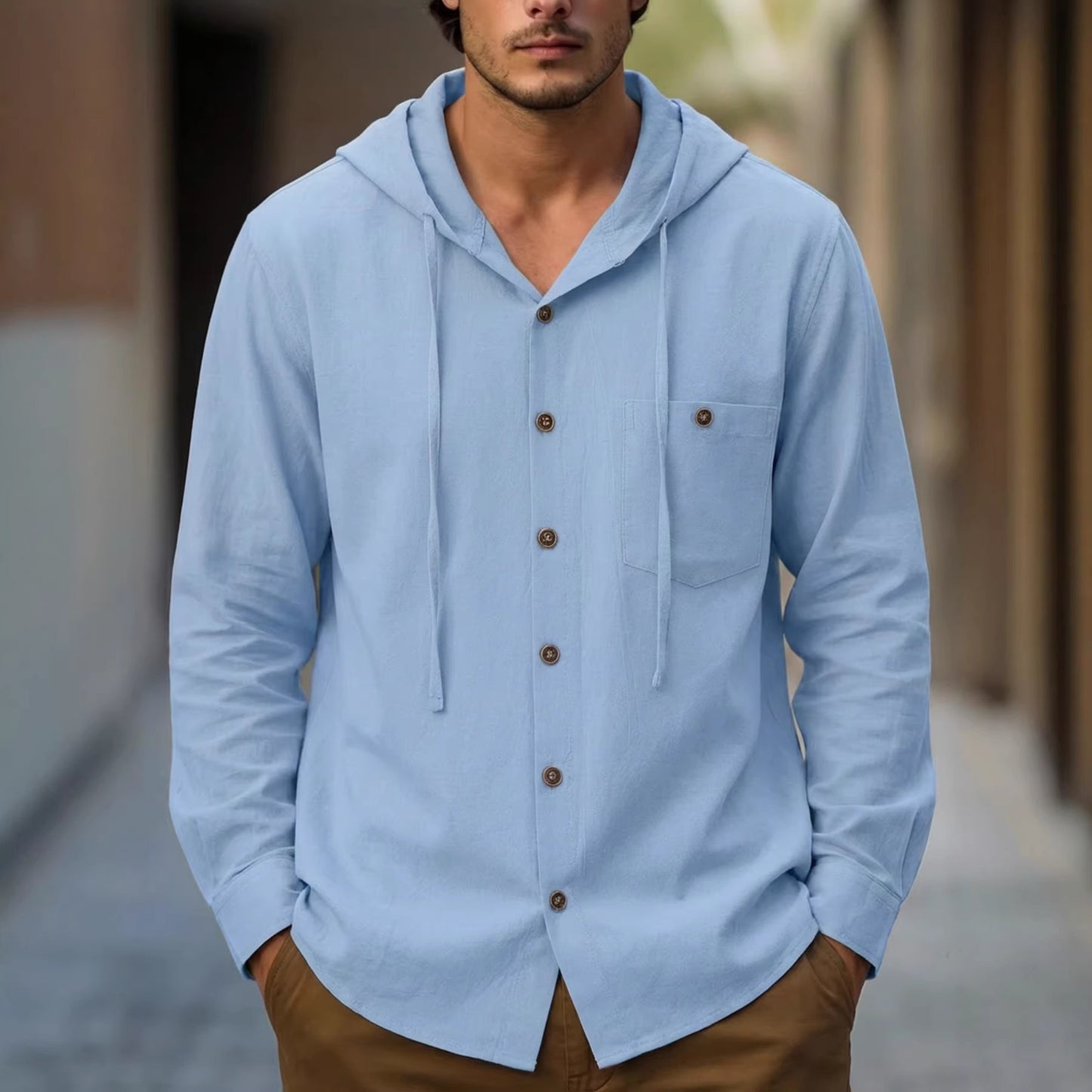 Men's Cotton-Linen Hooded-Pocket Casual Beach Long-Sleeve Shirt