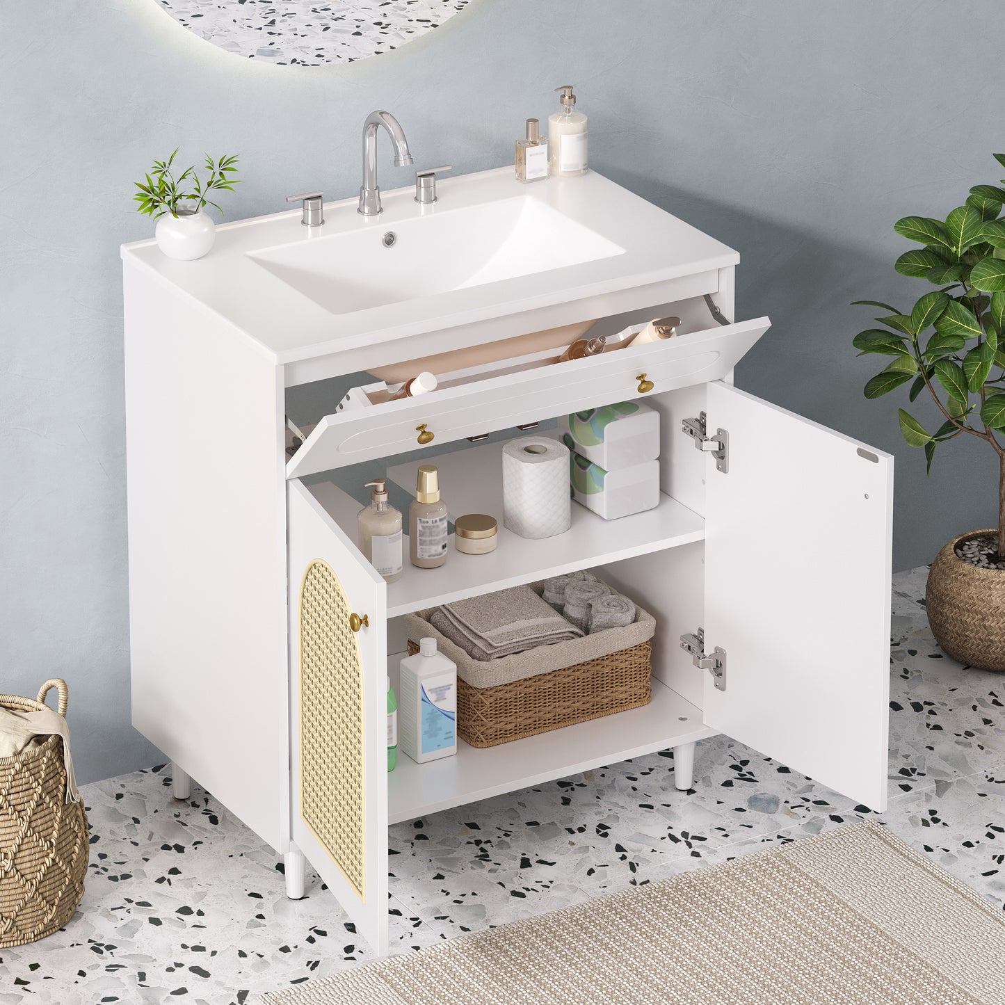 30 Bathroom Vanity With Ceramic Sink, Solid Wood Frame Bathroom Sink Cabinet With Adjustable Shelf, Tip-Drawer, Rattan Front Panels