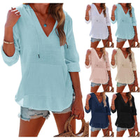 V-neck Hooded Shirt With Pockets Fashion Sports Long-sleeved Split Shirts Tops For Women Clothing