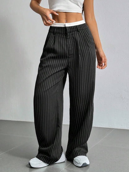 Stripe Printed Trousers Fashion High Waist Straight Leg Pants With Pocket Zipper Casual Suit Pants For Women