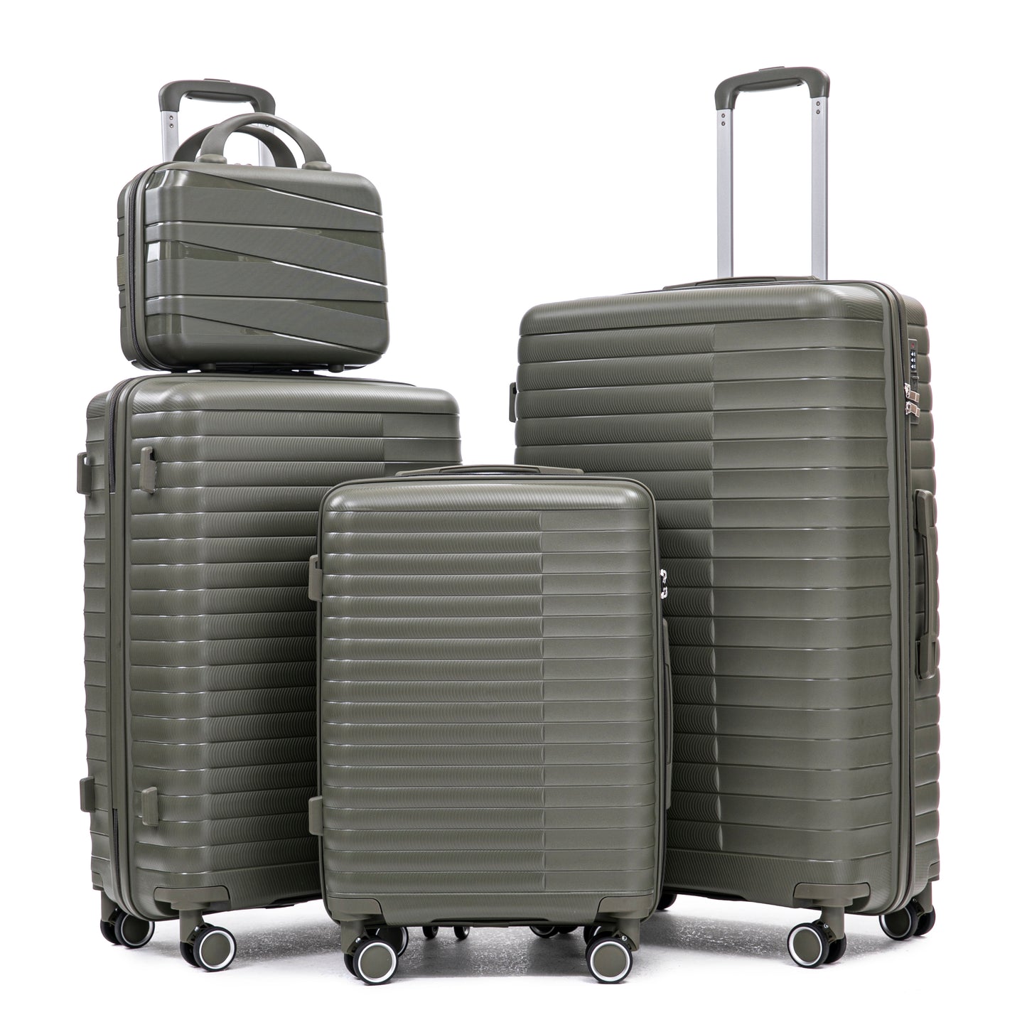 14  20  24  28   4 Pcs  Set In PP Spinner Wheel Luggage, Carry On Suitcase, Iron Pull Rod, Combination Password Lock, 14 Cosmetic Case  Green