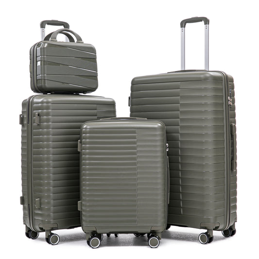 14  20  24  28   4 Pcs  Set In PP Spinner Wheel Luggage, Carry On Suitcase, Iron Pull Rod, Combination Password Lock, 14 Cosmetic Case  Green