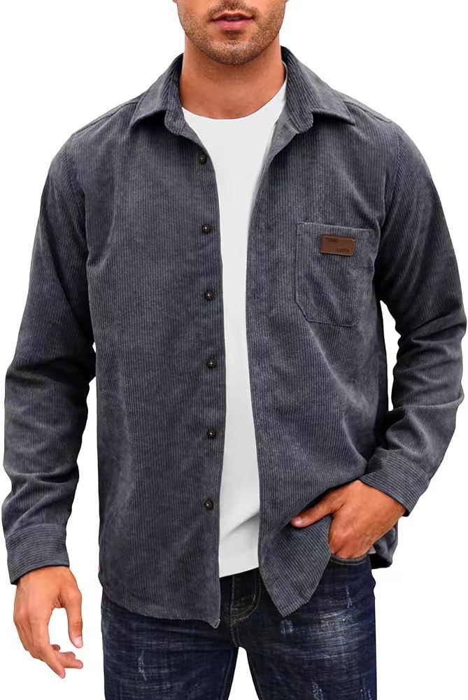 Solid-Color Casual Lapel Corduroy Long-Sleeve Cardigan