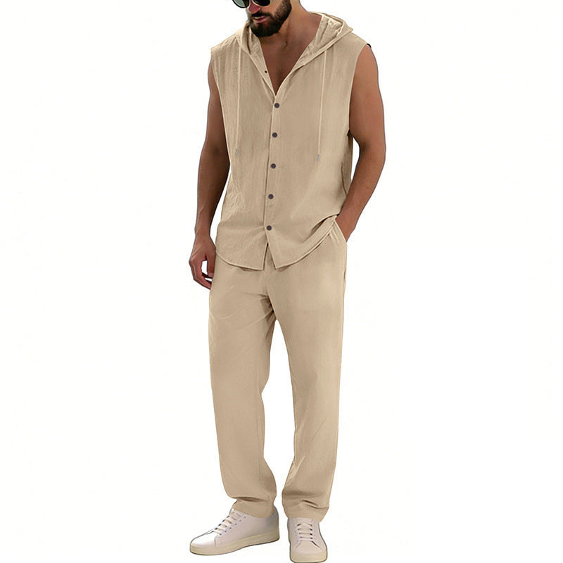 Loose-fitting Casual Hooded Sleeveless Shirt And Pants Set