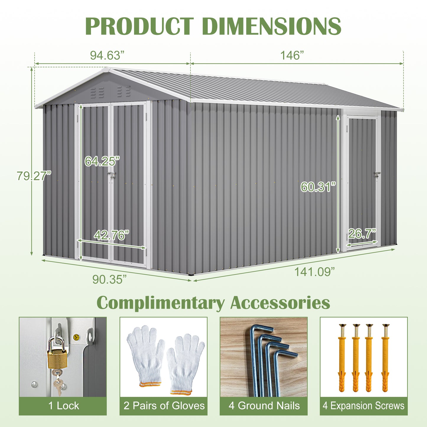 8x12 FT Outdoor Metal Storage Shed With Additional Side Door, Large Tool Shed With 2 Lockable Doors For Easy Access, Aluminum Frame, Grey Garden Patio Storage