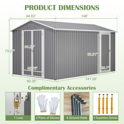 8x12 FT Outdoor Metal Storage Shed With Additional Side Door, Large Tool Shed With 2 Lockable Doors For Easy Access, Aluminum Frame, Grey Garden Patio Storage