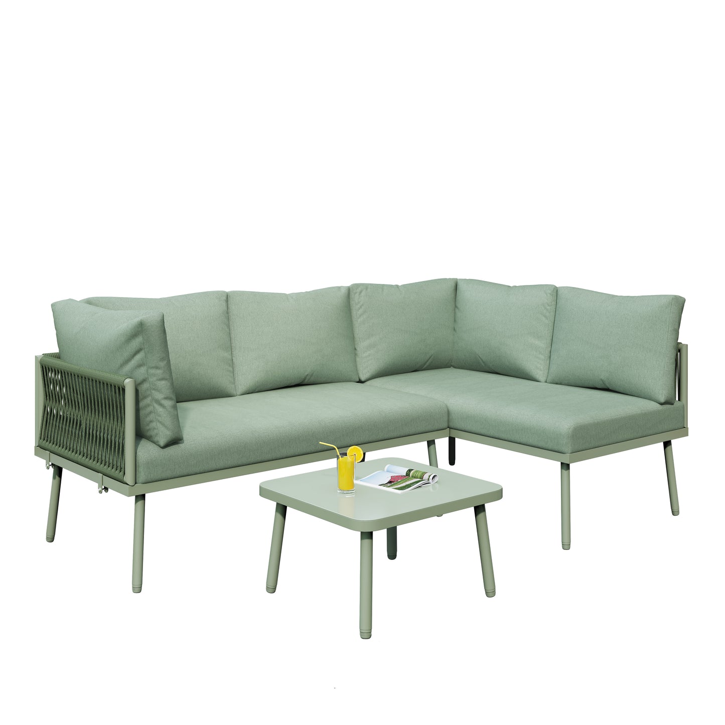 Outdoor Patio&Backyard Furniture Garden Lounge Set For 4-5 People, Thick Quality Space Saving L-Shaped Corner Sofa With Glass Coffee Table, Green