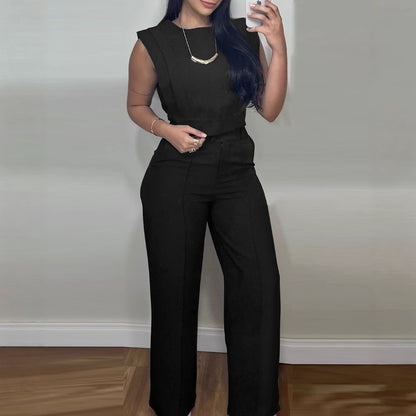 Summer Sleeveless Suit Fashion Round Neck Vest Top And Pocket Straight Pants Casual Trousers Set For Women Clothing