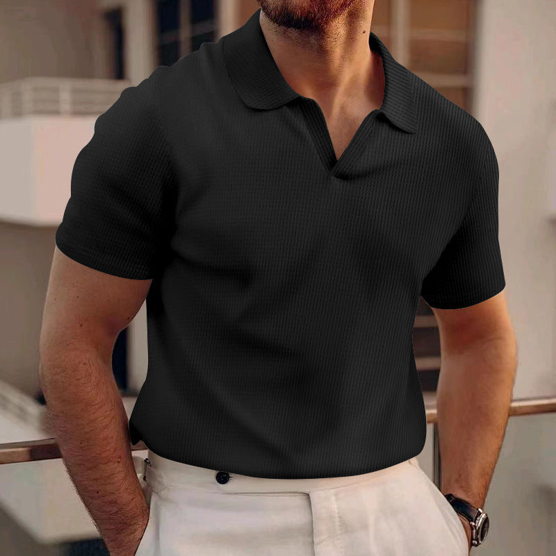 INS Waffle Lapel Short-sleeved T-shirt Summer Fashion Solid Color V-neck Polo Shirt Tops Men's Clothing
