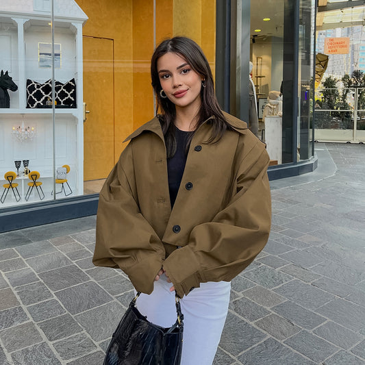Khaki Lapel Simple Single-breasted Coat