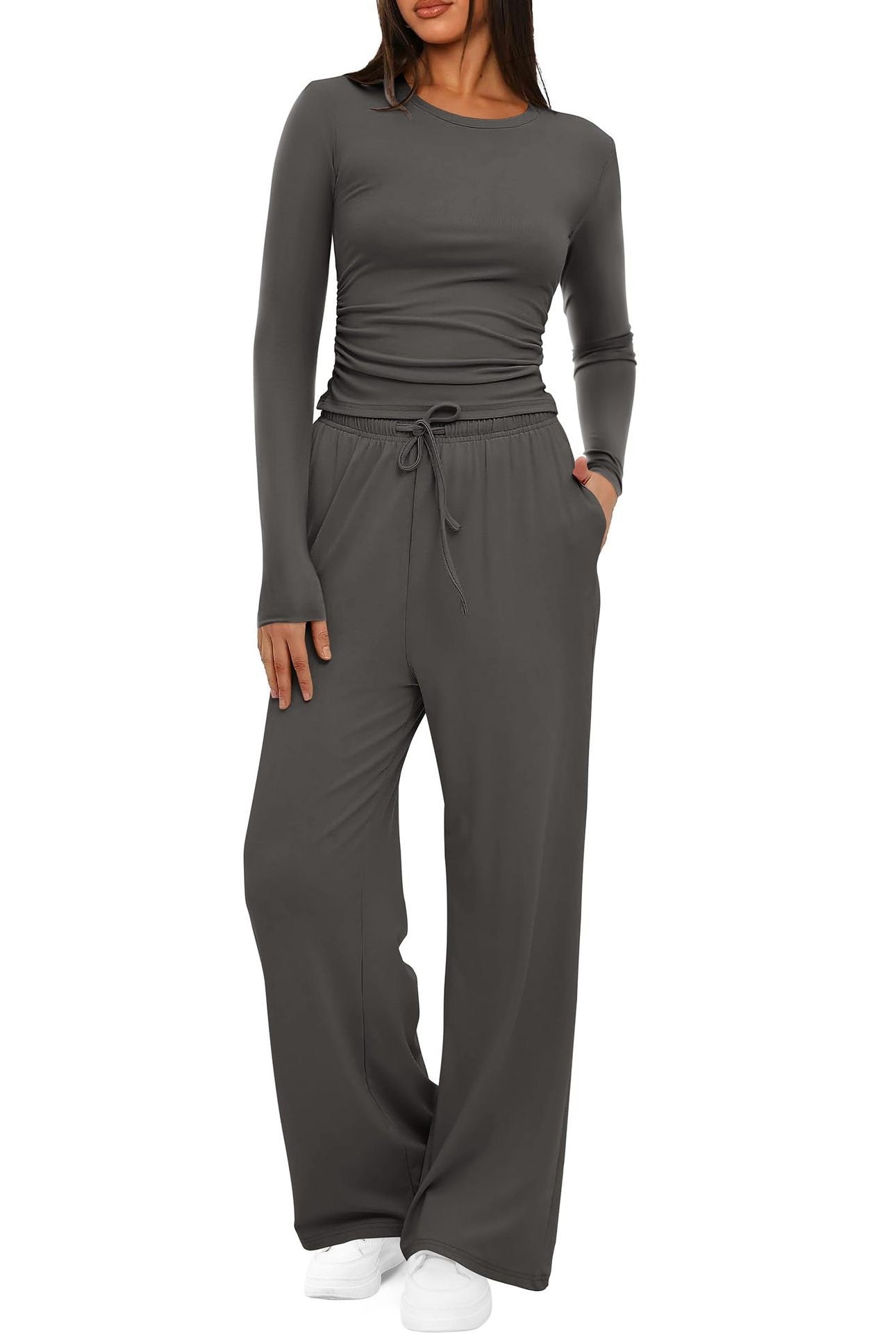 2 Pieces Women's Suit Autumn Winte Long Sleeve Tops High Waisted Wide Leg Pants Sportswear Female Clothes Solid Color Casual Suit