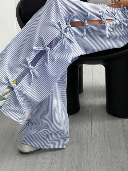 Waist Side Tie Bow Striped Wide Leg Pants
