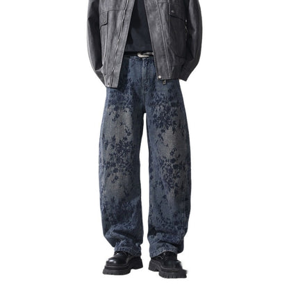 American-style Vintage Jacquard Flocking Embroidered Fleece-lined Jeans