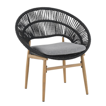 Cyril Outdoor Wicker Papasan Style Dining Chair, Teak Finished Leg And Dark Gray Faux Rattan, Gray Cushion, Set Of 2