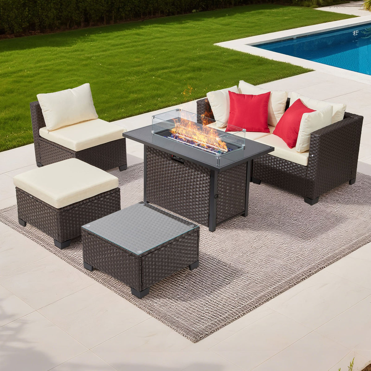6-Piece Outdoor Patio Furniture Set, Wicker Rattan Outdoor Sectional Conversation Set With 50000BTU Propane Fire Pit Table, Cushioned Sofas, Coffee Table & Ottoman For Patio Garden Backyard