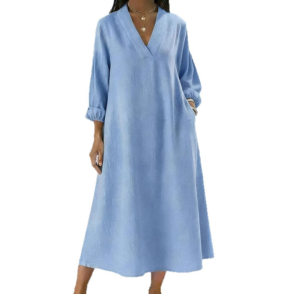 Womens Casual Straight-cut Long-sleeve V-neck Dress Available In Multiple Colors