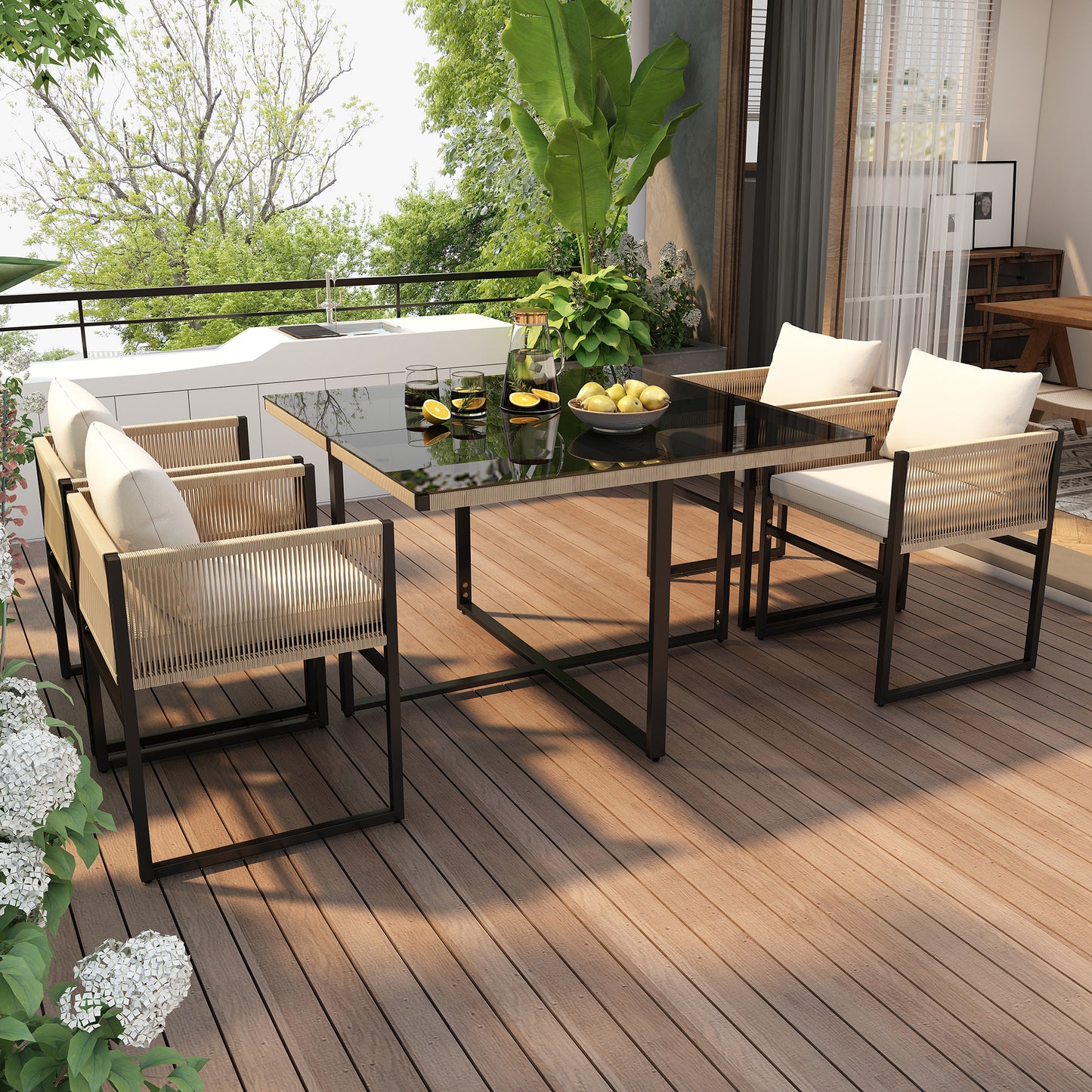 Garden Dining Set 5 Piece Set With 1 Dining Table, 4 Stackable Chairs Garden Furniture Set, 5-pc, Seating Group, Fine Rope, Iron, Table Top Made Of 5mm Thick Safety Glass